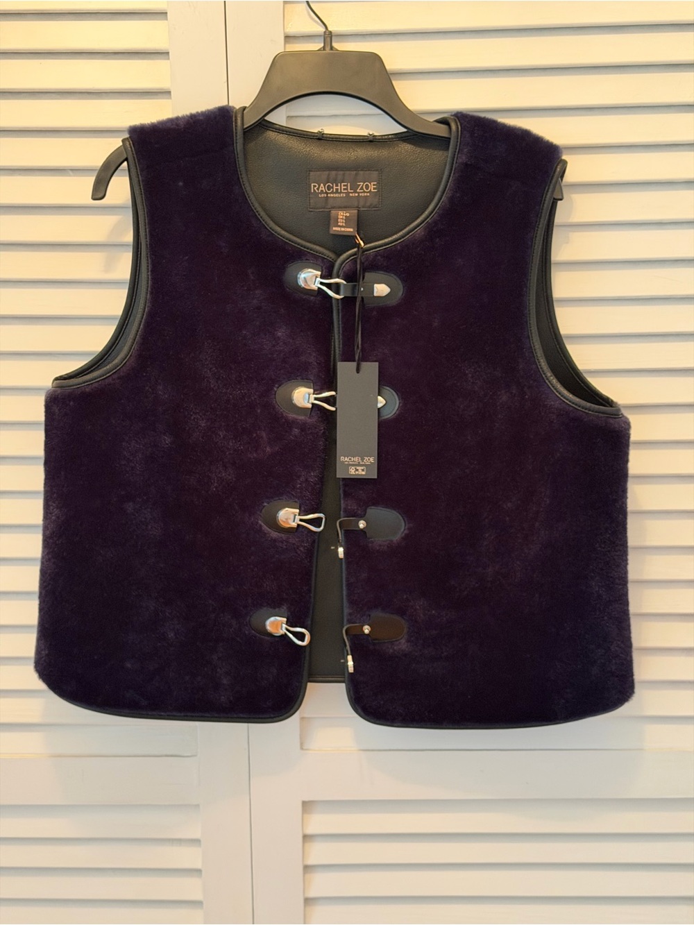 Rachel Zoe Faux Fur Vest in dark blue & Black /silver buckles Large NWT